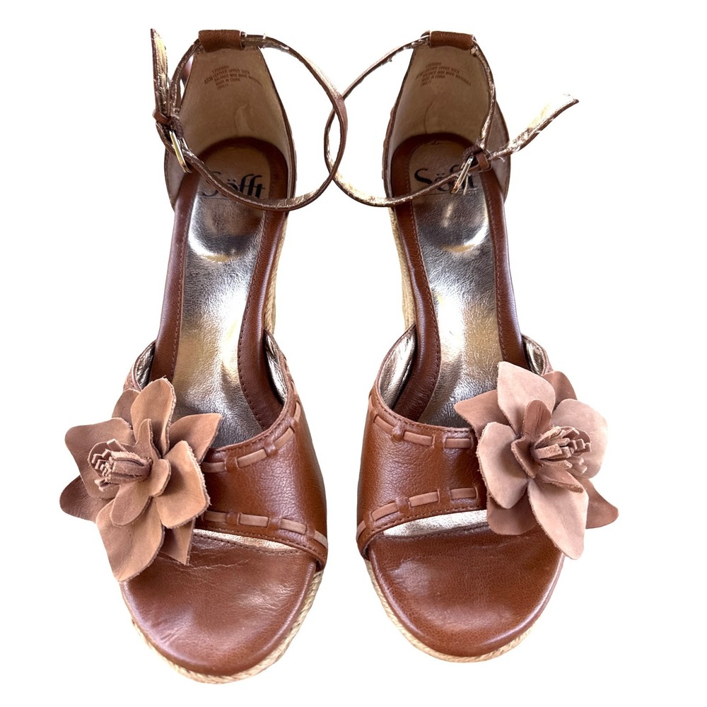 Sofft Womens 8.5 Brown Leather Espadrille Wedge Sandals Floral Ankle Strap